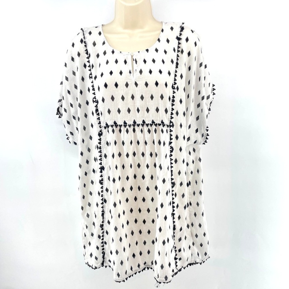 J.Crew White Tunic Top XL Black Trim Cotton Boho Beach Cover Up Blouse Resort